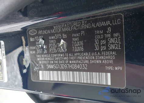2007 Hyundai Santa Fe Gls from USA, damaged, VIN 5NMSG13D97H084032